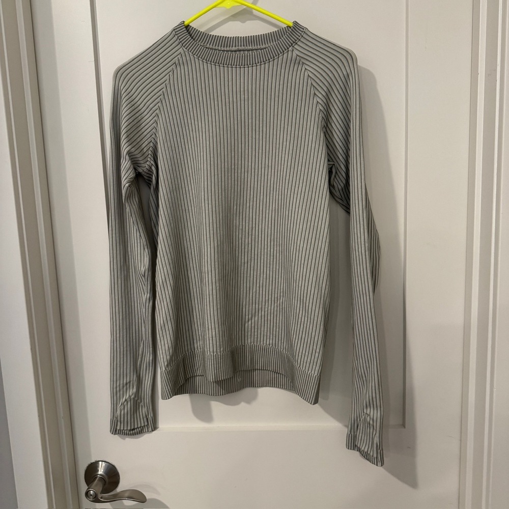 Lululemon Ribbed Striped Long Sleeve Athletic Top Sage Green White Crew Neck